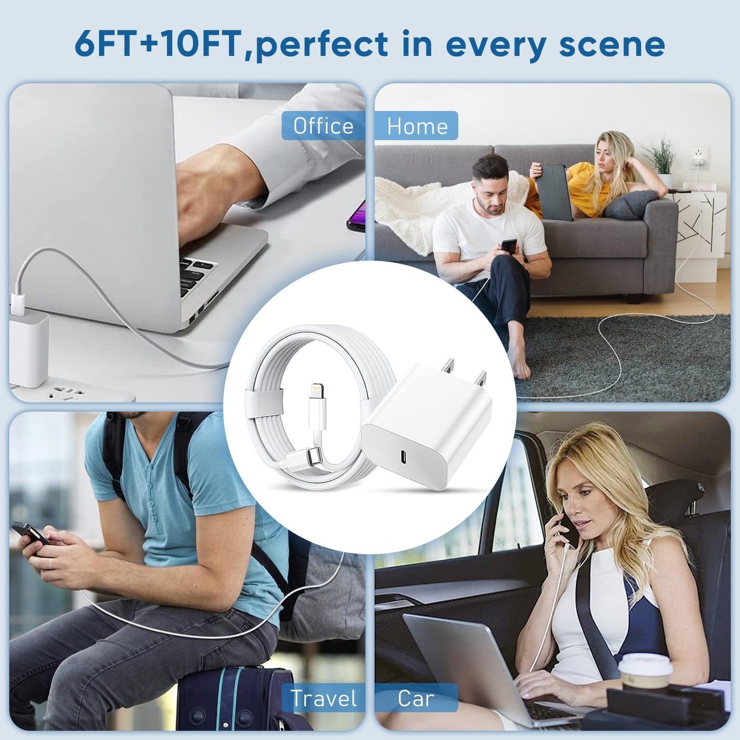 OMBROA Fast-Charging-Cord [MFi Certified],20W PD USB C Wall Charger and 2-Pack(6ft+10ft) Fast Charging Cable