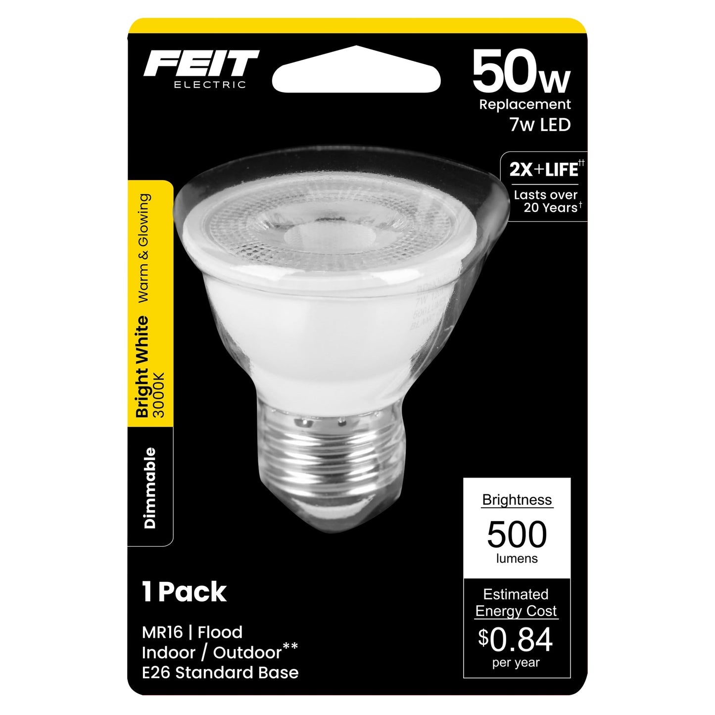 Feit Electric 7W LED MR16 Bulb, 50W Equivalent, DImmable, 500 Lumens, 3000K Bright White, E26 Base, Indoor/Outdoor, Reflector Light for Track