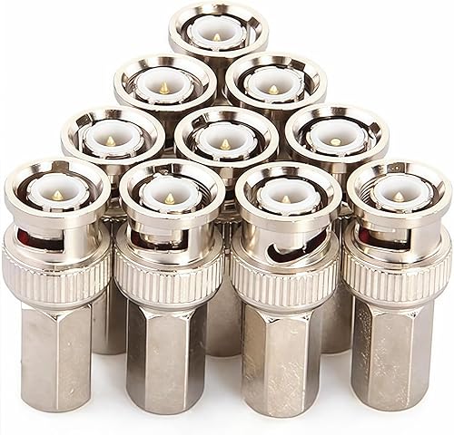 10-Pack BNC Male Twist-on Connector for RG59 Coaxial Cable - 75 Ohm, Nickel-Plated Brass Housing, Brass Contacts - for CCTV Security Systems