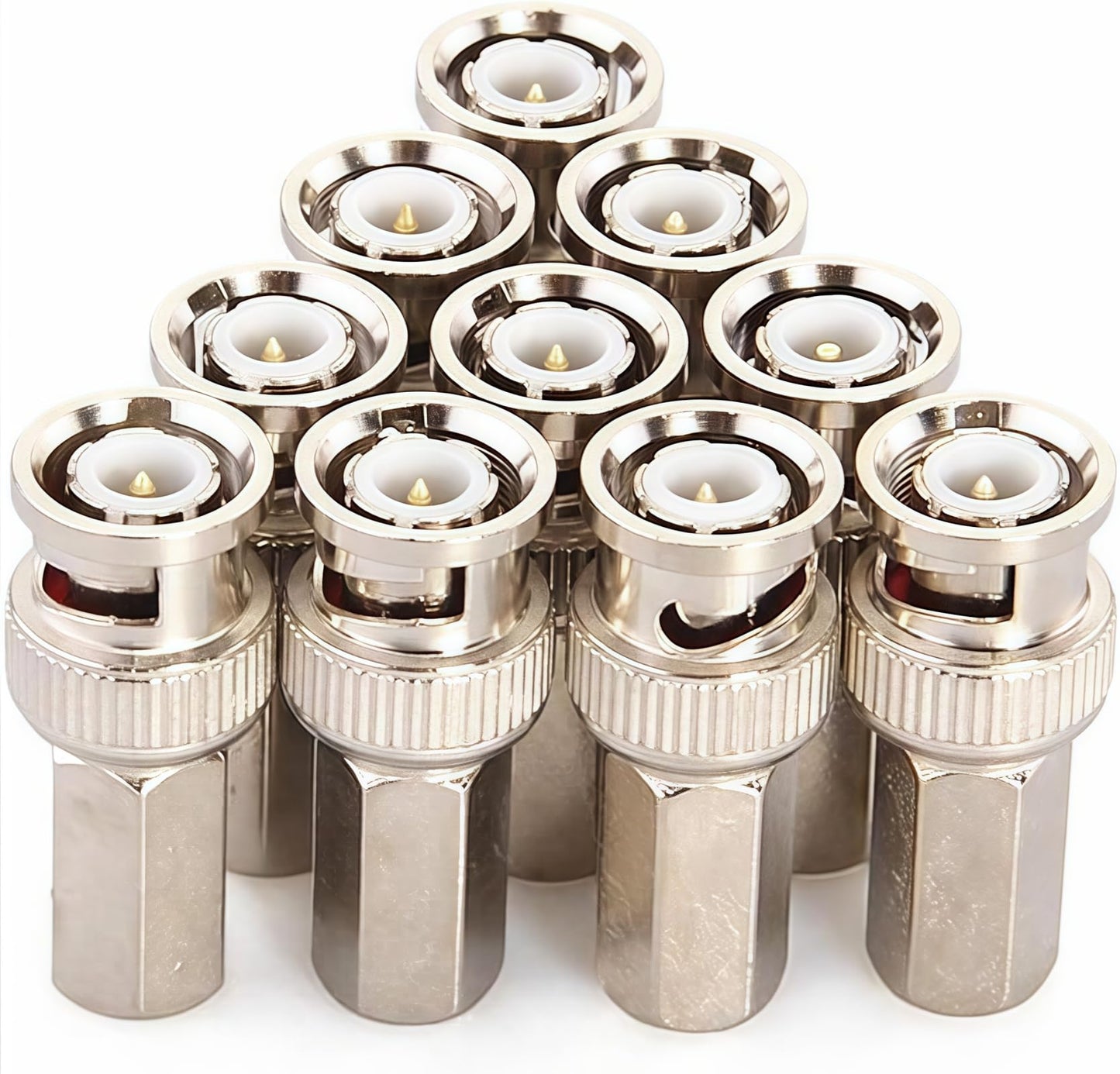 10-Pack BNC Male Twist-on Connector for RG59 Coaxial Cable - 75 Ohm, Nickel-Plated Brass Housing, Brass Contacts - for CCTV Security Systems