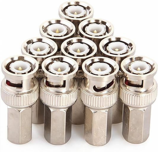 10-Pack BNC Male Twist-on Connector for RG59 Coaxial Cable - 75 Ohm, Nickel-Plated Brass Housing, Brass Contacts - for CCTV Security Systems