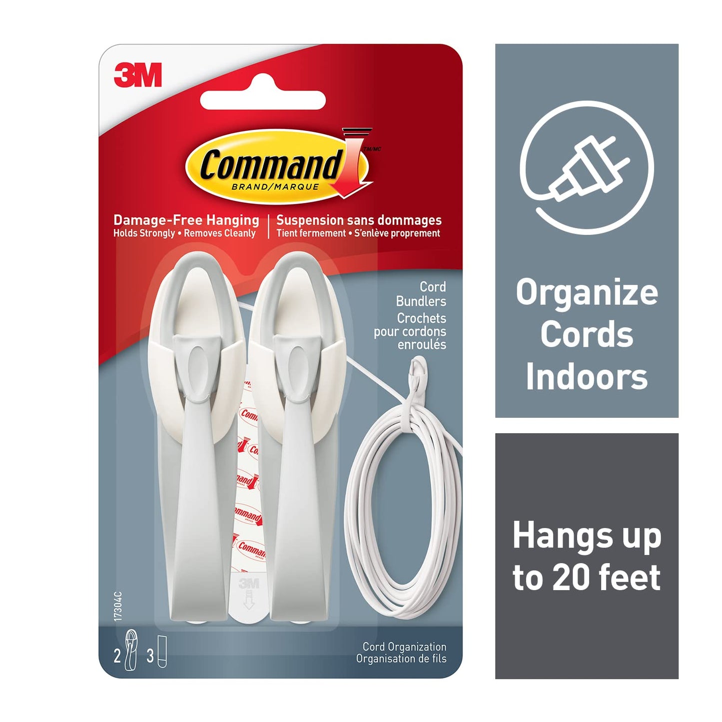 Command Cord Bundlers, Damage-Free Cord Management, 2-Bundlers, 3-Strips, Holds up to 2 lbs - Easy to Open and Close, Ideal for Organizing Cables and