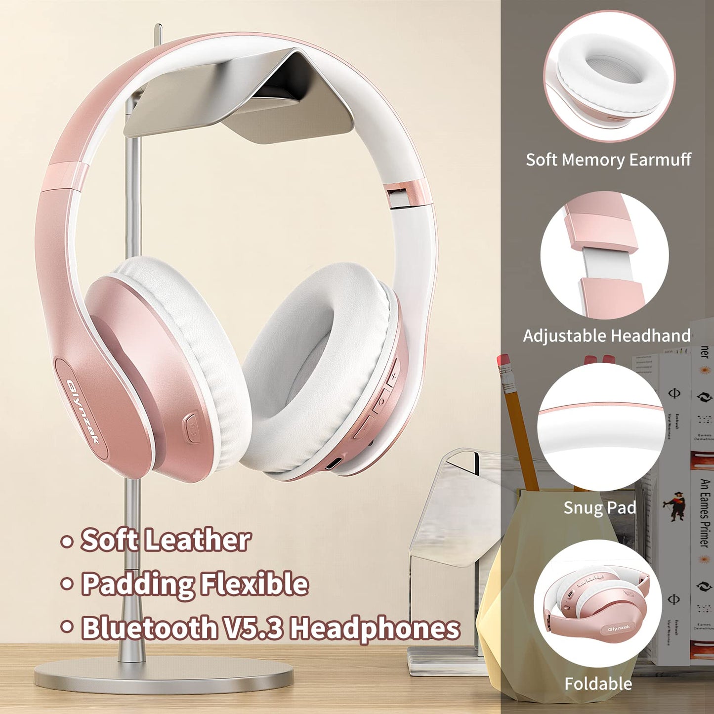 Glynzak Wireless Bluetooth Headphones Over Ear 65H Playtime HiFi Stereo Headset with Microphone and 6EQ Modes Foldable Bluetooth V5.3 Headphones…