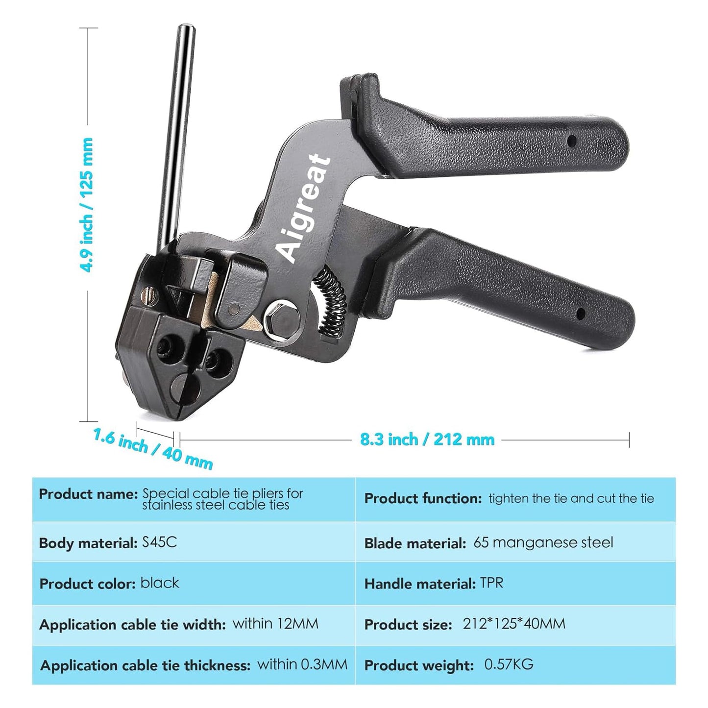 200PCS Metal tie wrap gun Kit, Aigreat Stainless Steel Cable Tie Gun Adjustable Tensioning and Cutting Tool with 200pcs 304 Self-Locking Stainless