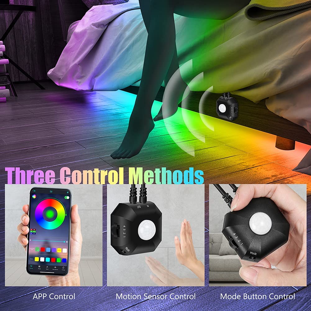 Motion Activated Under Bed Light Strips, 2x9.8ft RGB Motion Sensor LED Light Strip with App Control, USB 5V Dimmable LED Night Light with 4 Timing Off
