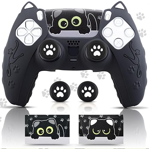 SoAegis Cute Cat-Ear PS5 Controller Skin Set, Silicone Controller Cover for PS5 Wireless Grip, Comes with 2 Thumb Grips and 2 Cat Stickers