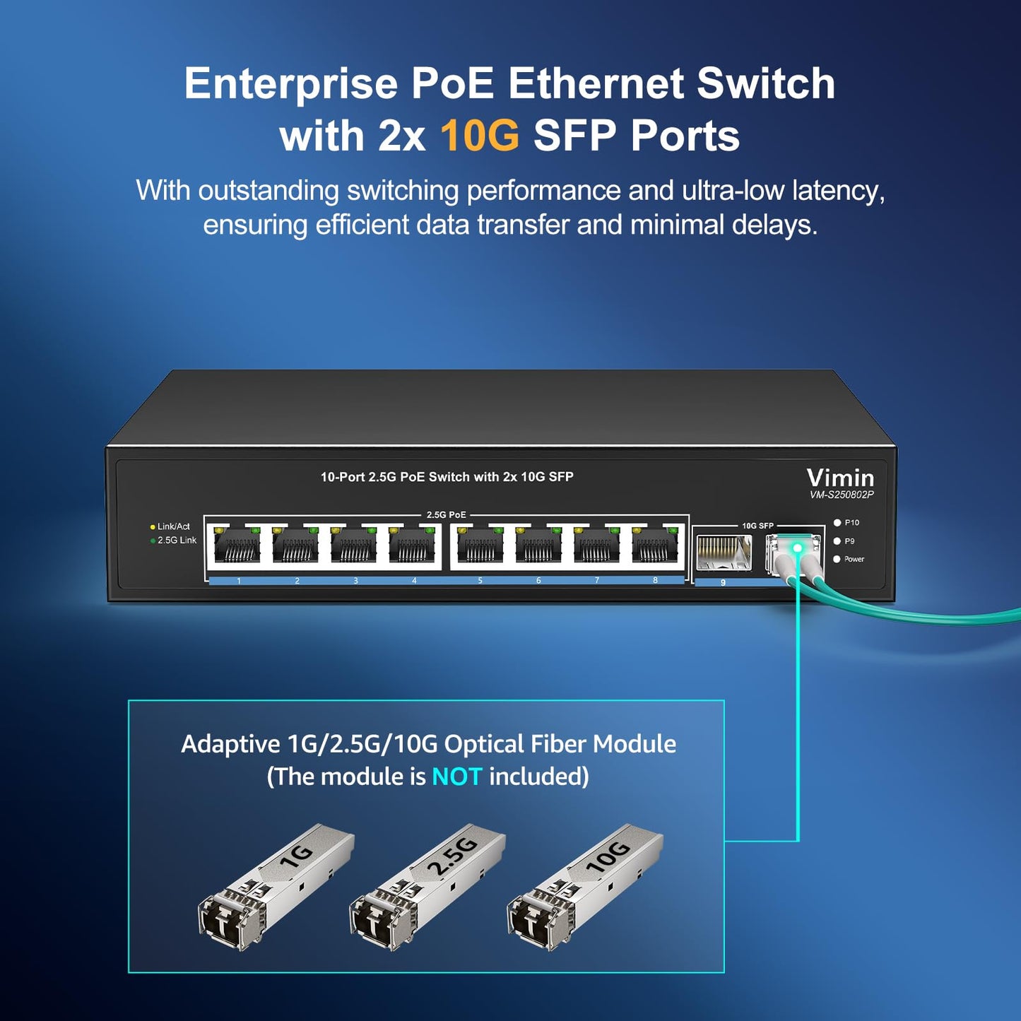 8 Port 2.5G PoE Switch Unmanaged, VIMIN 10x 2.5G Base-T PoE Switch, 2X 10G SFP+ PoE Switch IEEE802.3af/at, 80Gbps Ethernet Switching Capacity, 150W