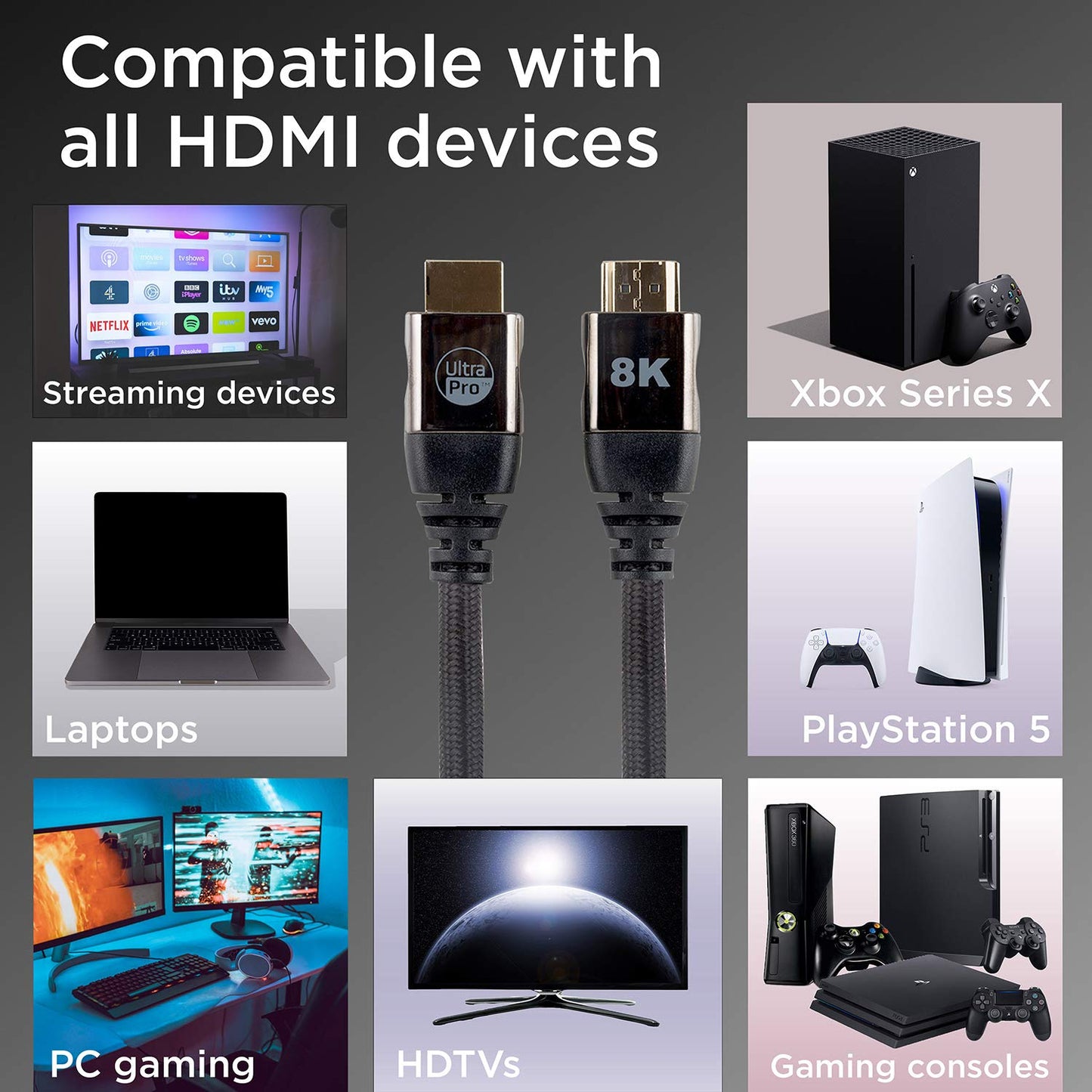 UltraPro 8K HDMI 2.1 Cable, 6ft. High Speed 48Gbps, 8K @ 60Hz, 4K 1440p 1080p @ 120Hz, HDR VRR eARC QMS, Compatible with PS5 Xbox Series X Roku TV