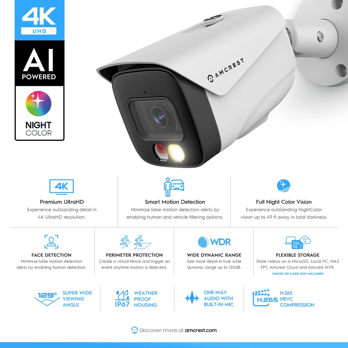 Amcrest 2-Pack UltraHD 4K IP PoE AI Camera, FOV 129°, 49ft Color Nightvision, Security Outdoor Bullet Camera, Human & Vehicle Detection, Active