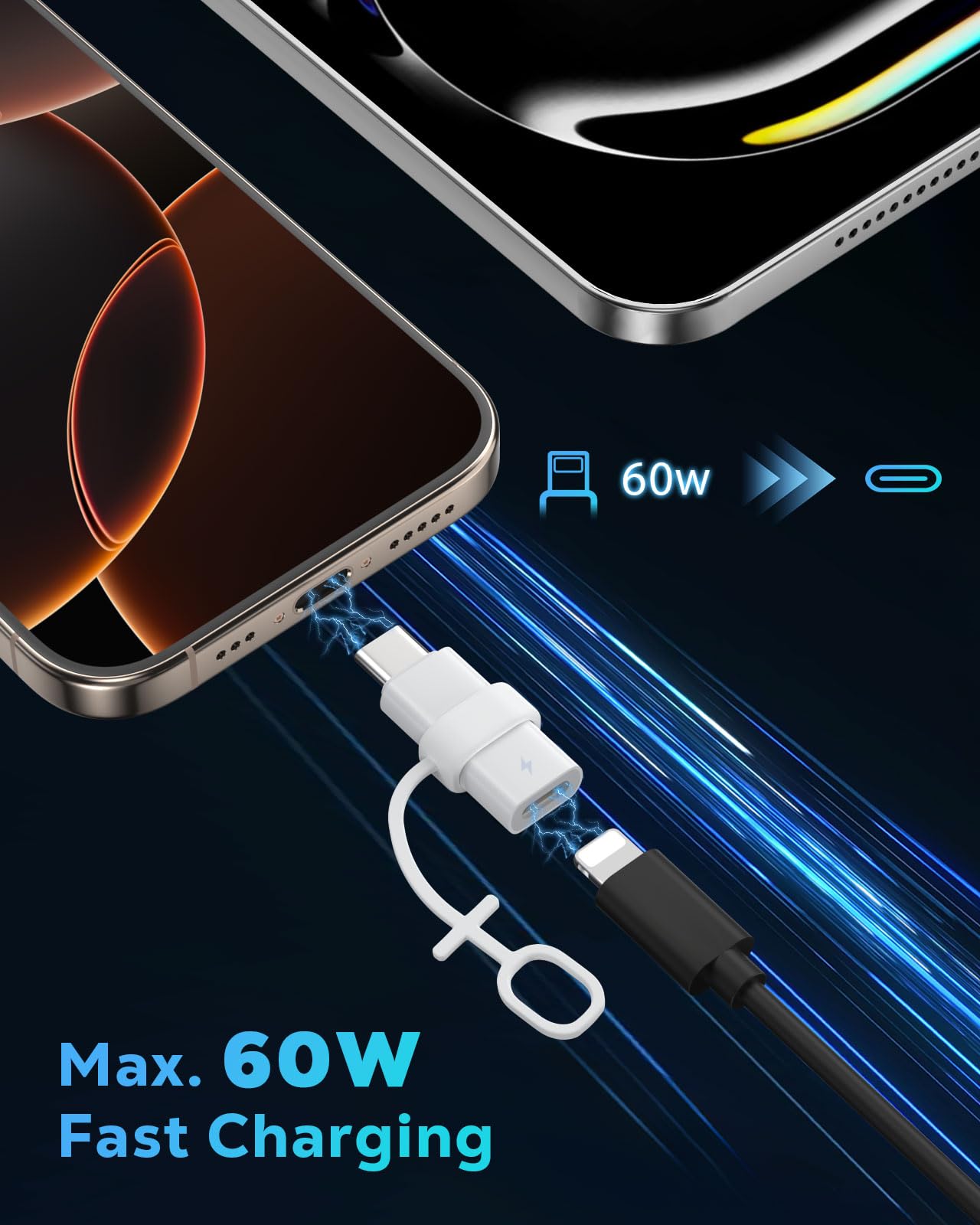 60W USB C to Lightning Headphone Audio Adapter for iPhone 17 Air 16 16e 15 Pro Max Plus, iPad Pro/Air - PD Fast Charging Data Lightning to USB C