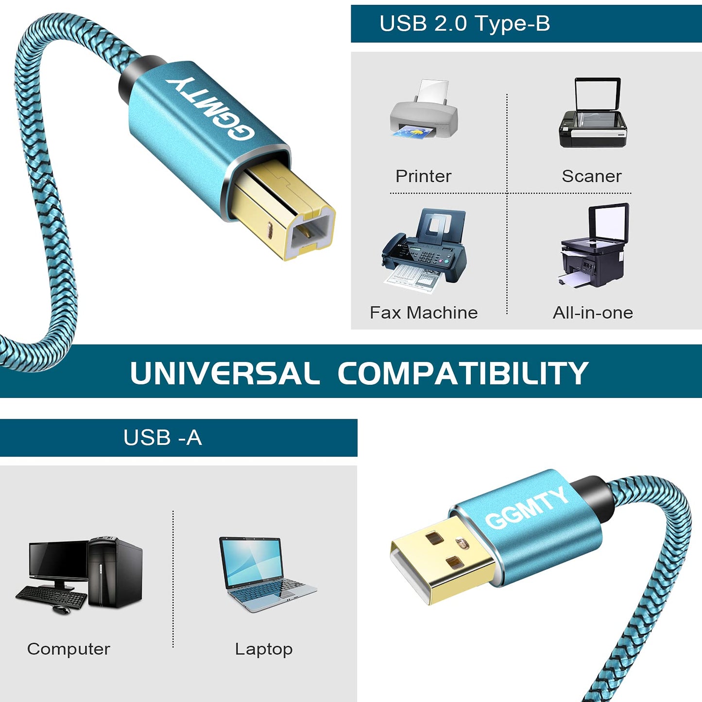 GGMTY 15ft USB Printer Cable - Type A Male to B Male, Compatible with HP, Canon, Dell, Epson, Xerox and More
