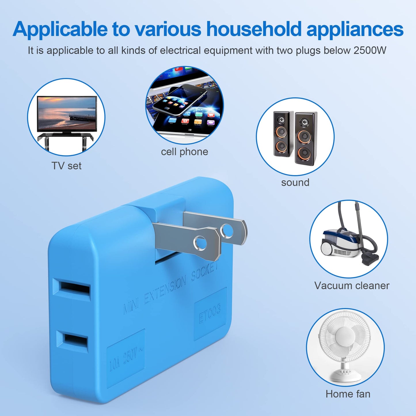 ETwinCoo 3 Way Flat Wall Outlet Extender AC Adapter - 2 Prong Flat Wall Plug, Adjustable Rotatable Mini Socket (Quick & Safe) Perfect for Home