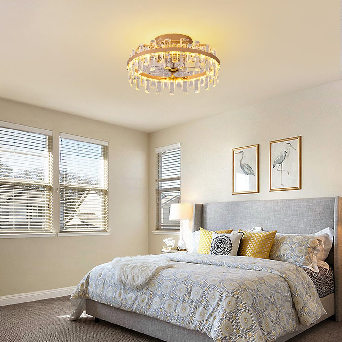 CROSSIO 20" Crystal Ceiling Fans with Lights Remote Control Dimmable 6 Speeds Reverible Timer Gold Fandelier for Bedroom Dining Room Living Room