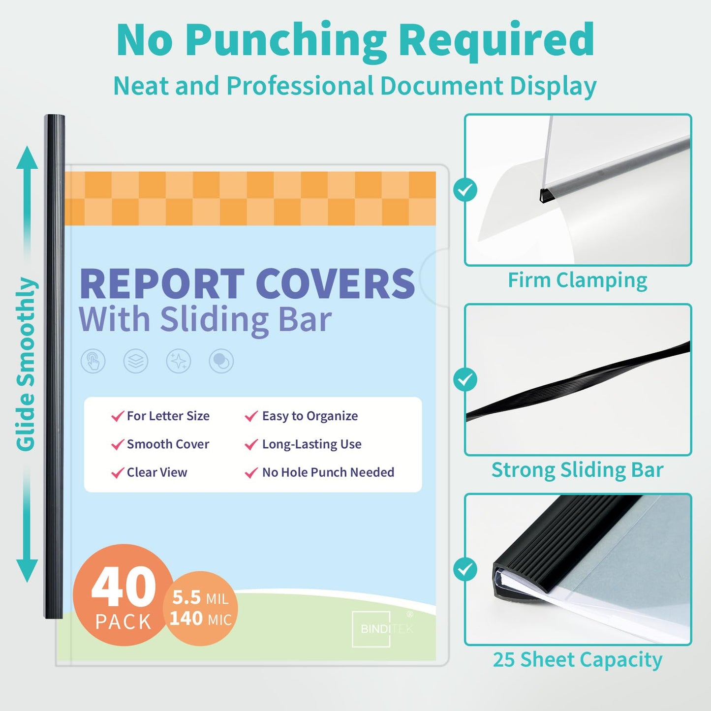 Binditek Clear Report Covers with Sliding Bars, 25 Sheet Capacity, 40 Pack
