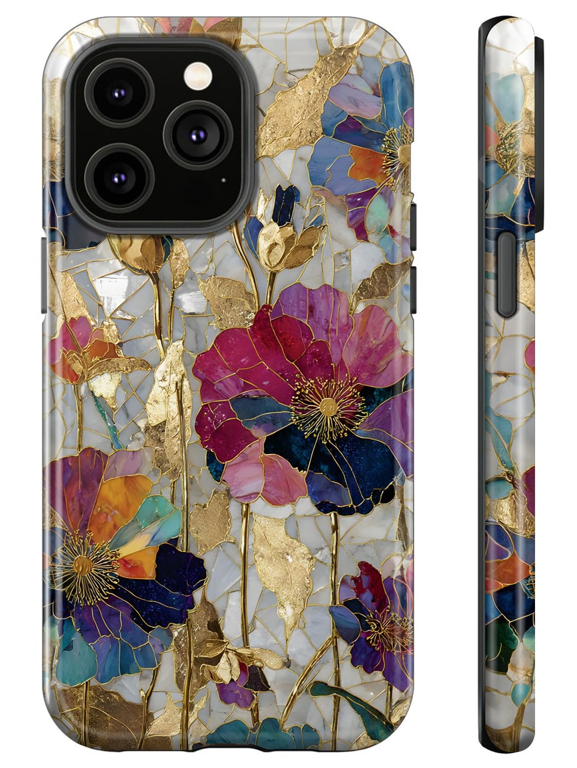 ZHUXUXITT Case Compatible with iPhone 16 Plus,Stained Glass Bloom Flower Phone Case Hybrid 2-Layer Hard Shell,Shockproof Soft for Girl Women Boy Men
