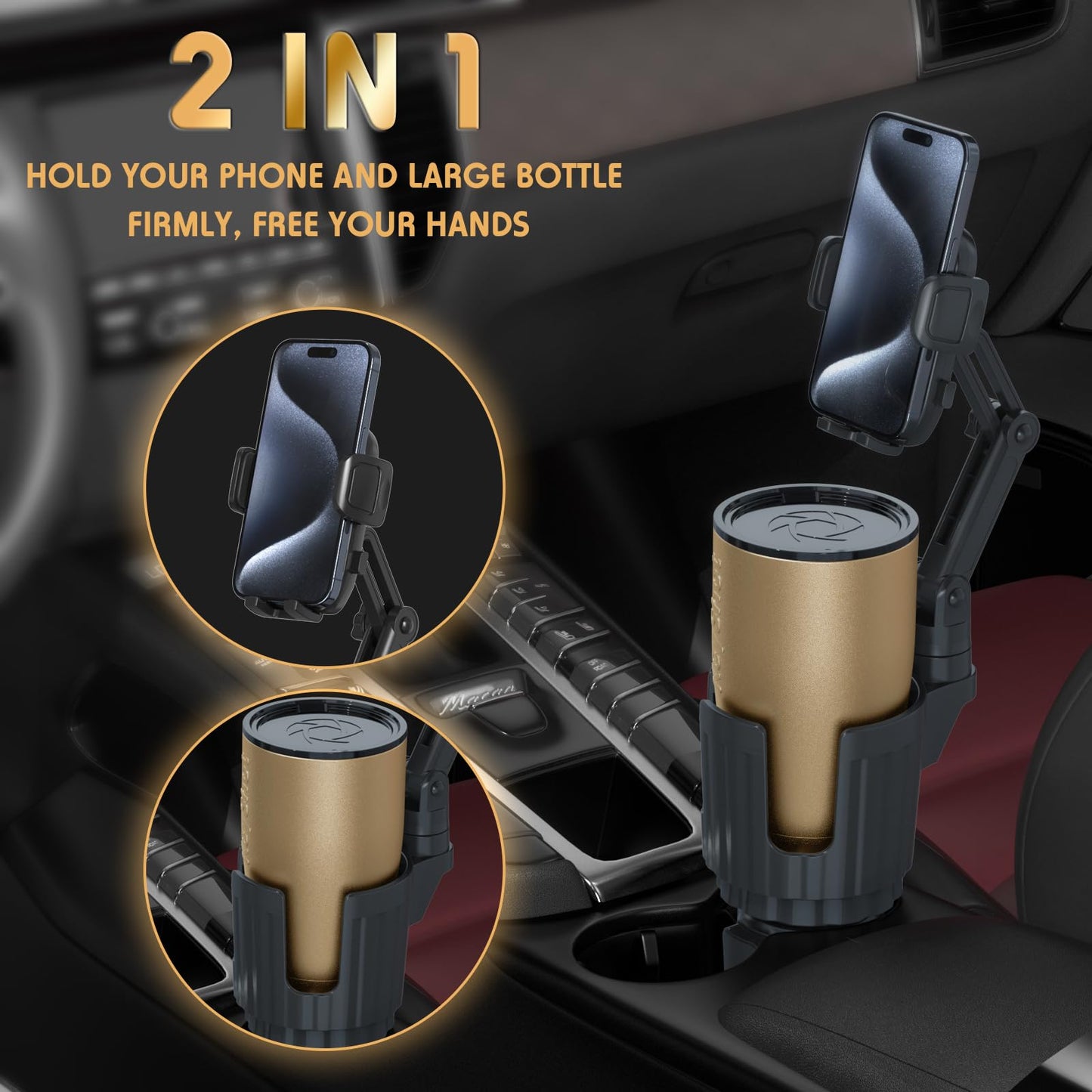 bokilino Phone Holders for Your Car, 2 in 1 Universal Cup Holder Expander Adjustable Base with Phone Mount, Long Arm with 360°Rotation Cup Holder