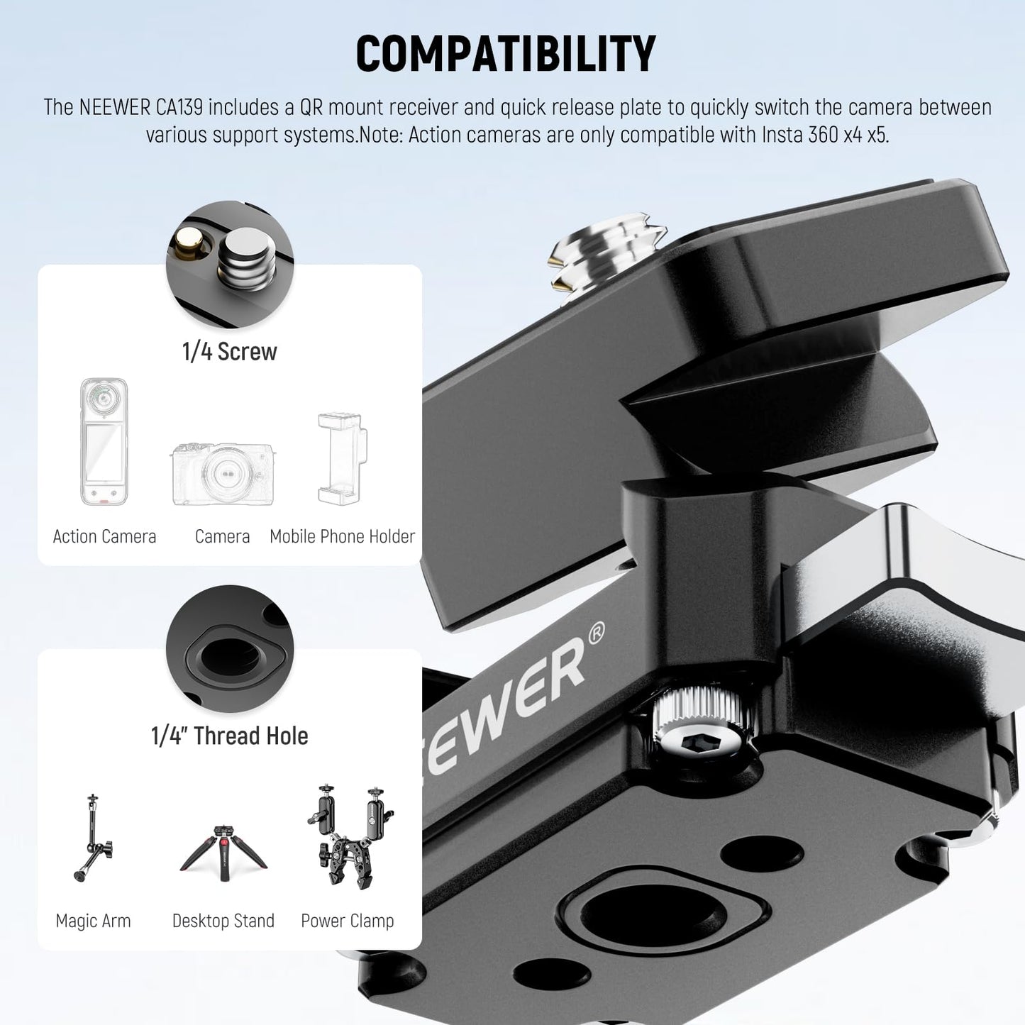 NEEWER Action Camera Quick Release Plate Compatible with Insta 360 x4 x5, Aluminum Tripod Mount QR Adapter Accessories Kit with 1/4" Thread Hole