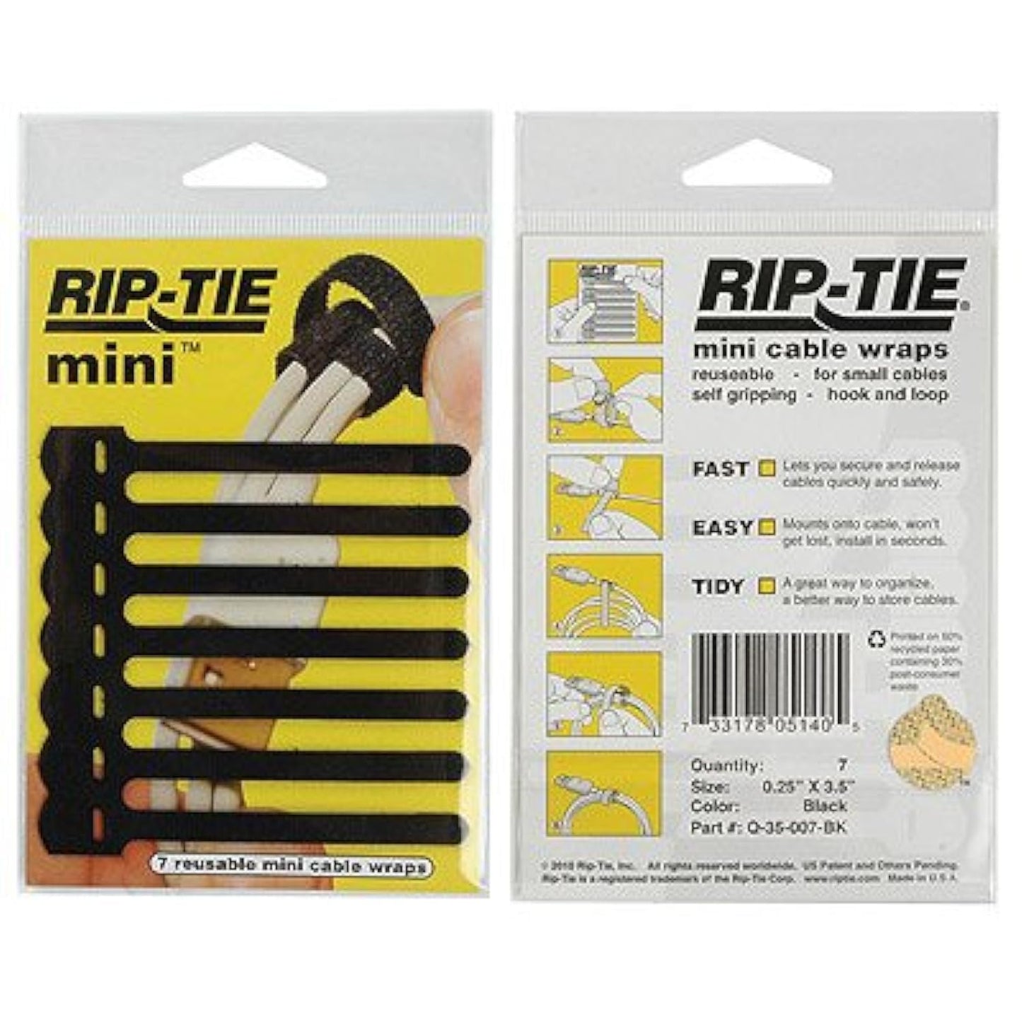 RIP-TIE Mini 1 /4" x 3-1/2" Cable Tie Perfect for USB Cable, Earbud Cords, Cell Phone Cord 7 Pack Black