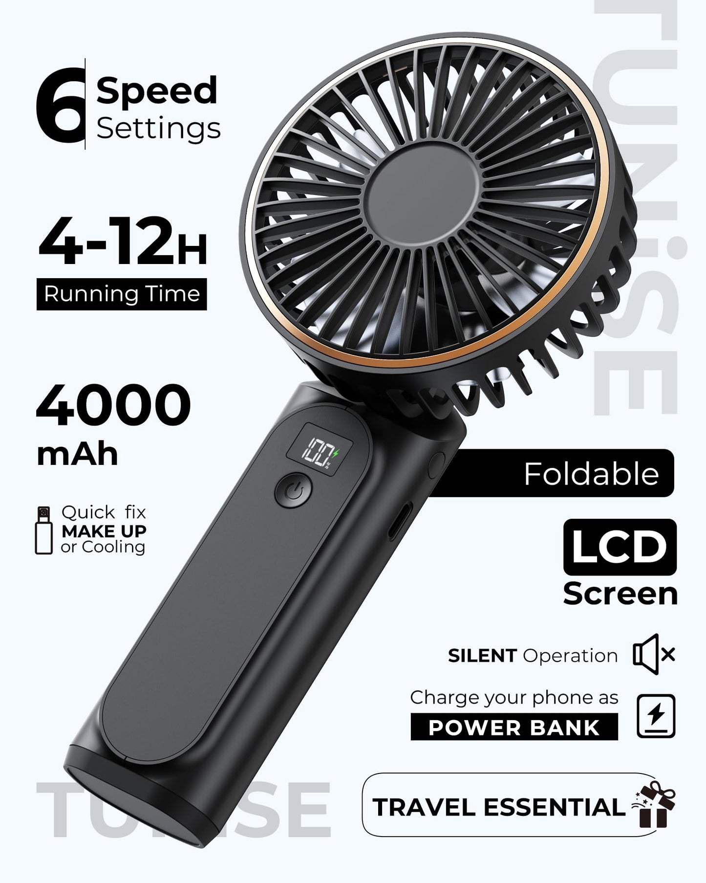 TUNISE Portable Handheld Fan, Portable Fan Rechargeable, 4000mAh, 180° Adjustable, 6 Speed Wind, Display Electricity in Real Time, USB Rechargeable