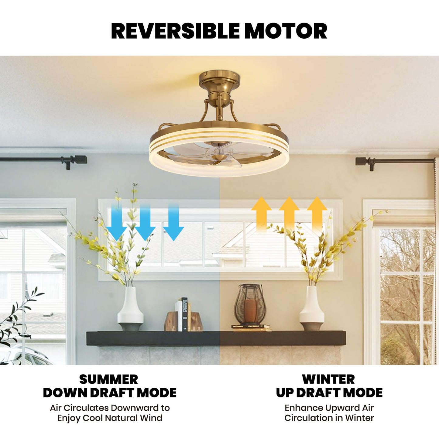MOOONICHE 20inch Ceiling Fan with Light Gold Flush Mount Fandelier with Remote Control Modern LED Ceiling Fan 6 Wind Speeds Fandelier for Bedroom