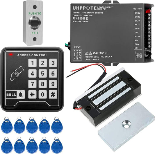 UHPPOTE Full Complete 125KHz EM-ID Card Door Access Control System Kit with 130LB Magnetic Lock Power Supply Exit Button