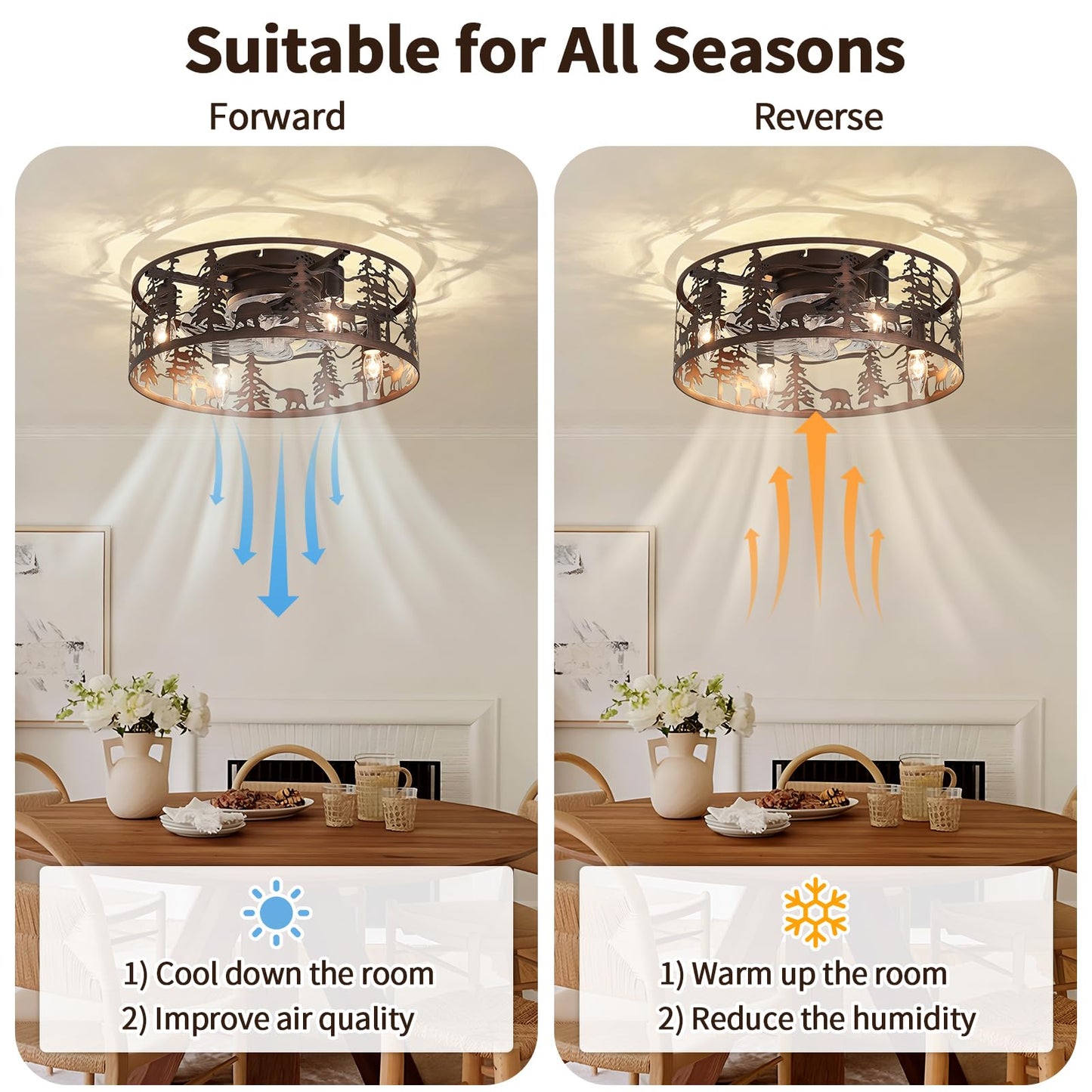 Merexcint Flush Mount Ceiling Fan, Rustic Low Profile Fandelier with Deer