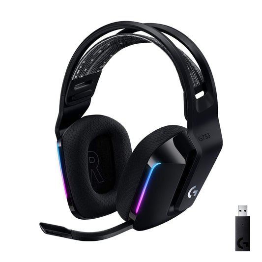 Logitech G733 Lightspeed Wireless Gaming Headset, Suspension Headband, Lightsync RGB, Blue VO!CE Mic, PRO-G Audio - Black, Gaming Headset Wireless