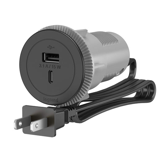 Legrand Wiremold RFPCUAUC-BK10 Round Furniture Power Center with USB, Type A/C USB, 10 Foot Cord, Black