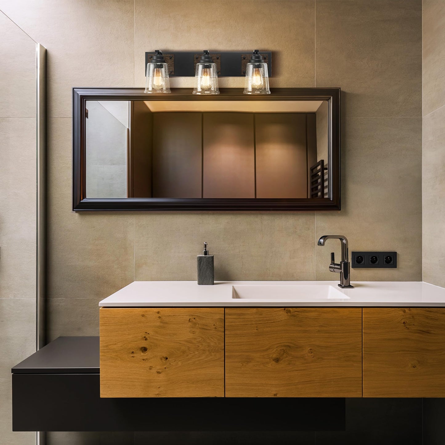 Globe Electric 51852 3-Light Vanity Light, Bathroom Wall Fixture, Matte Black and Dark Faux Wood Finish, Clear Seeded Glass Shades, E26 Base, Dimmable