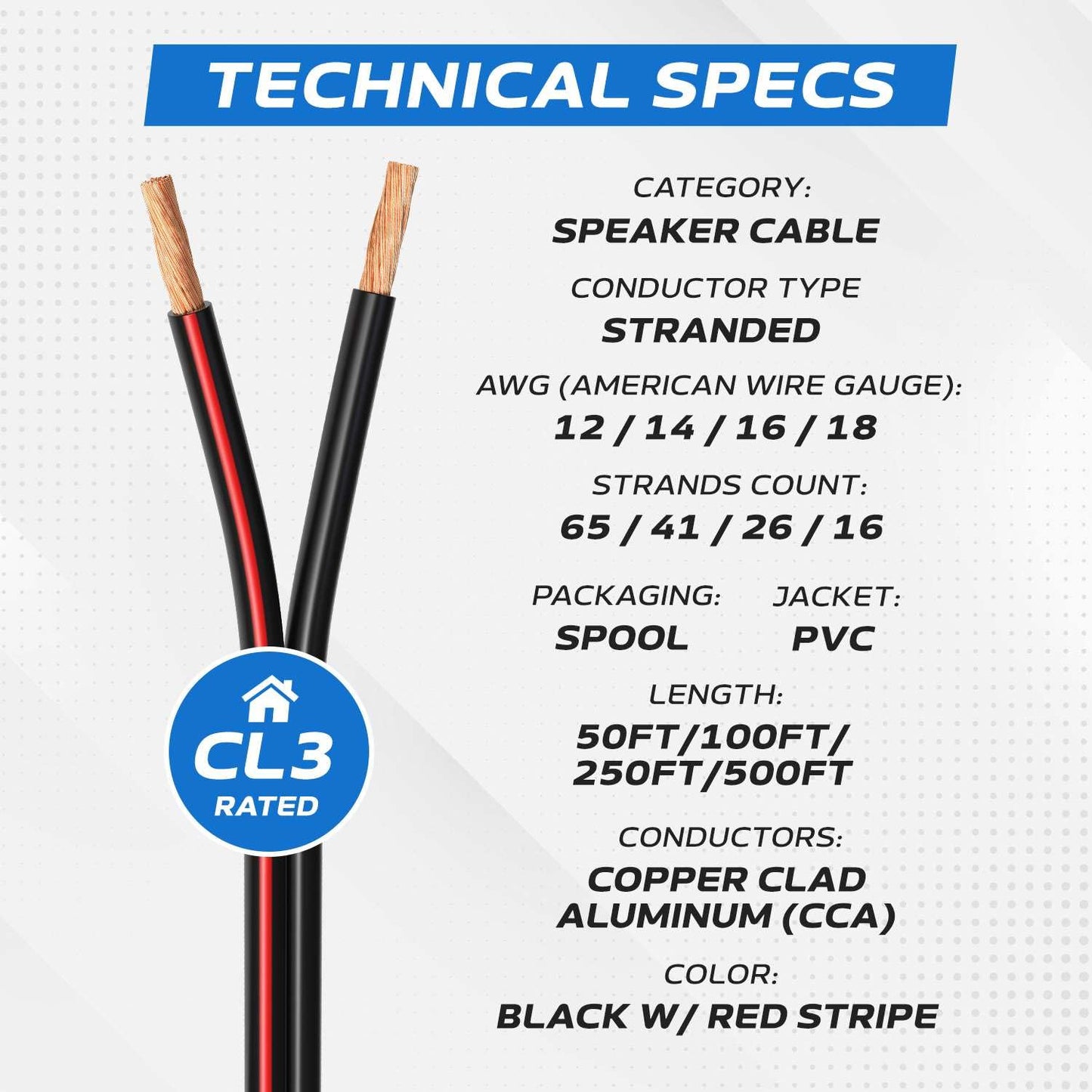 Cables Direct Online Speaker Cable 500FT 14AWG 2 Conductors (14/2) CL3 Rated CCA (Copper Clad Aluminum) Black Jacket Compatible with Low Voltage LED