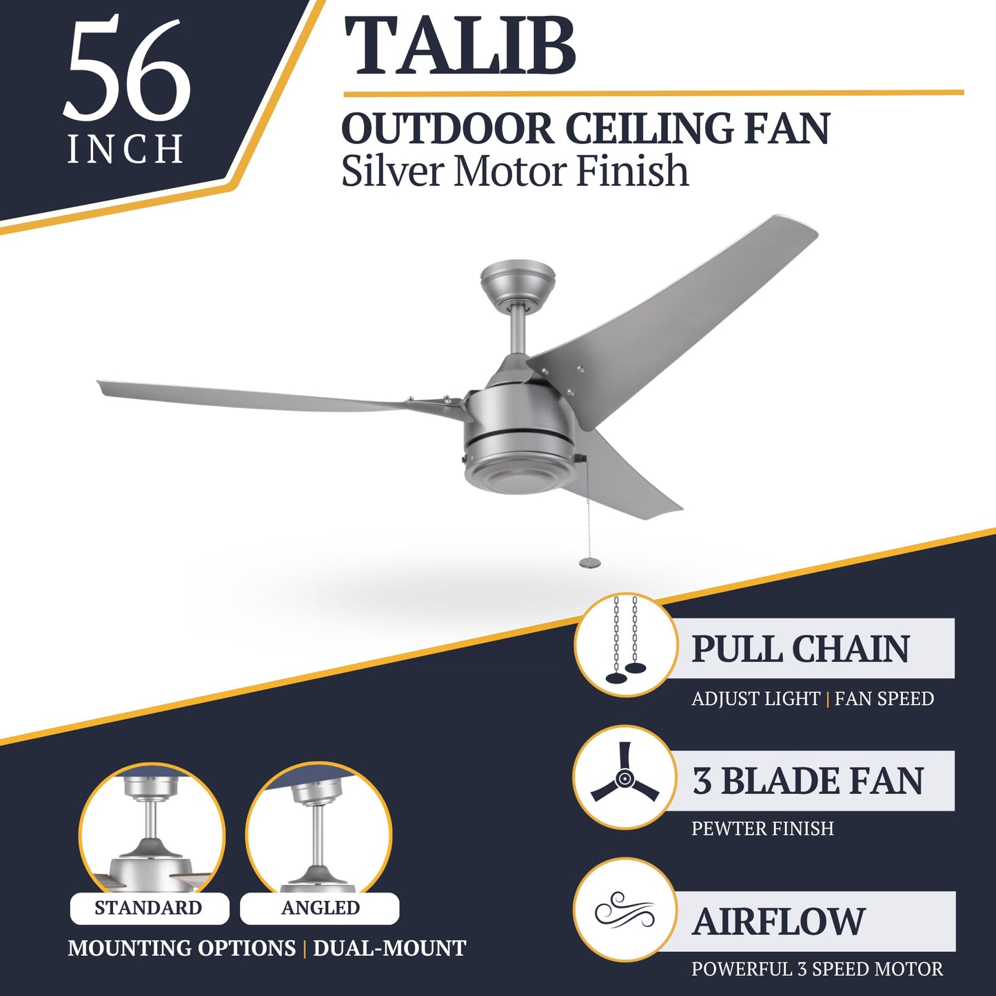 Prominence Home Talib, 52 Inch Contemporary Outdoor Ceiling Fan with No Light, Pull Chain, Dual Mounting Options, Modern High Performance Blades