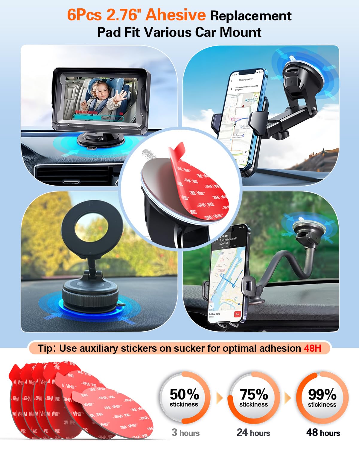 Adhesive Pad for Car Phone Mount: 6Pcs 2.76" Double Sided Tape Sticky Replacement for Dash Dashboard Windshield Suction Cup GPS Holder, 70mm Round