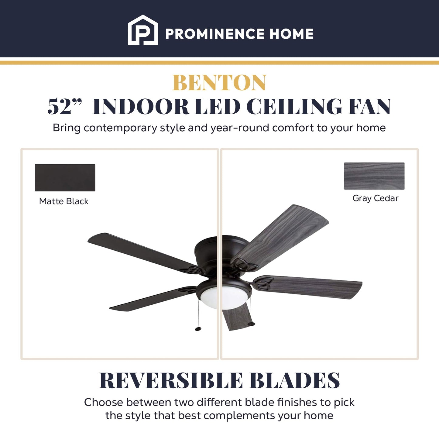 Prominence Home Benton Traditional 52 Inch Ceiling Fan with Light, LED Flush Mount Ceiling Fan, Indoor Fan with 5 Blades, Matte Black and Gray Cedar