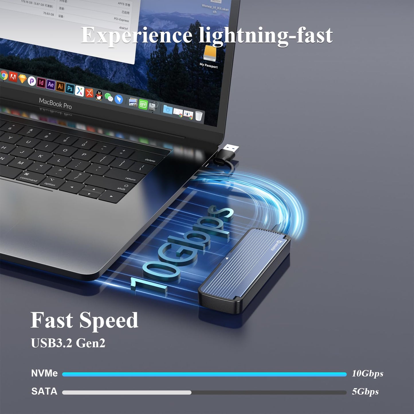 Xiaobi NVMe Enclosure, Tool-Free Installation, USB 3.2 Gen 2 (10 Gbps) to M.2 NVME M-Key/(B+M) Key SSD Adapter Support UASP and Trim, for SSDs