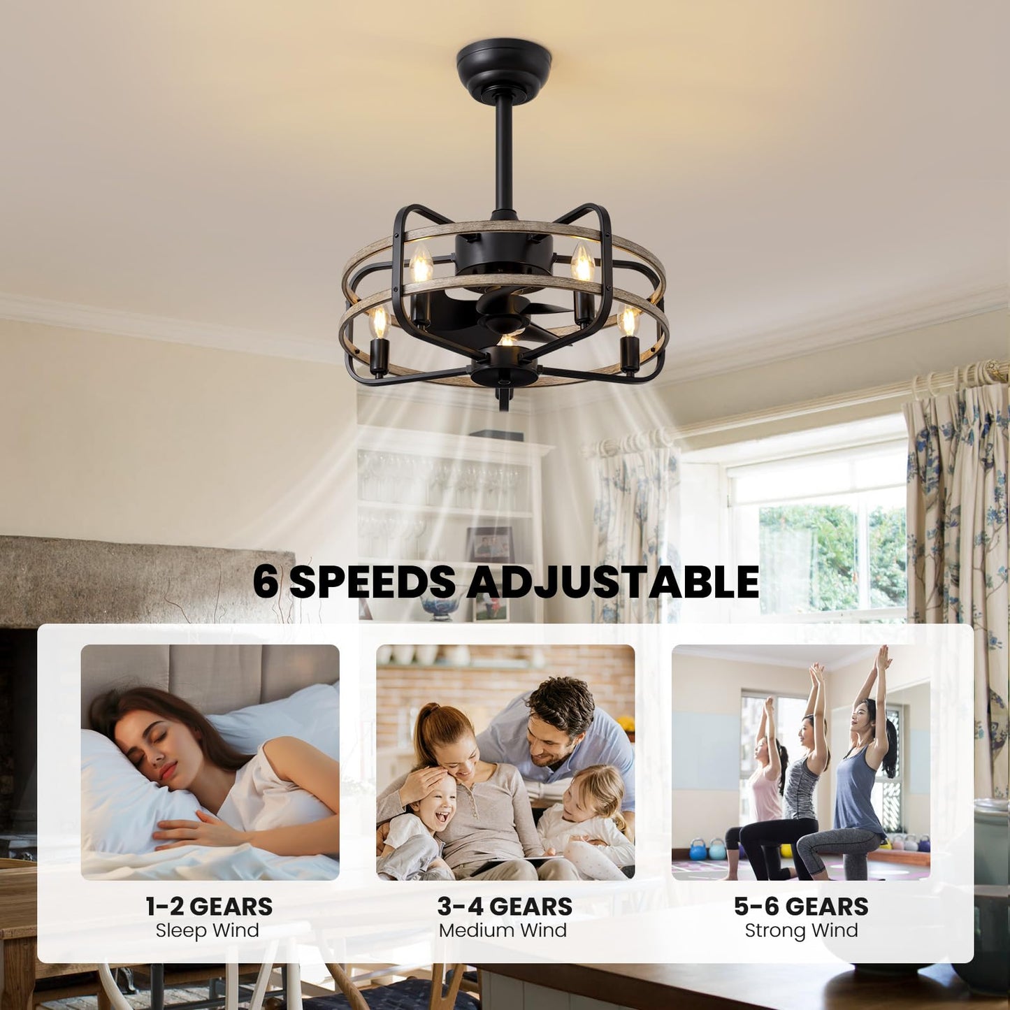 NOXARTE 20 Inch Caged Ceiling Fan with Light and Remote, Flush Mount Vintage Farmhouse Fandelier 6 Speeds Reverse Motor Rustic Bladeless Ceiling Fan