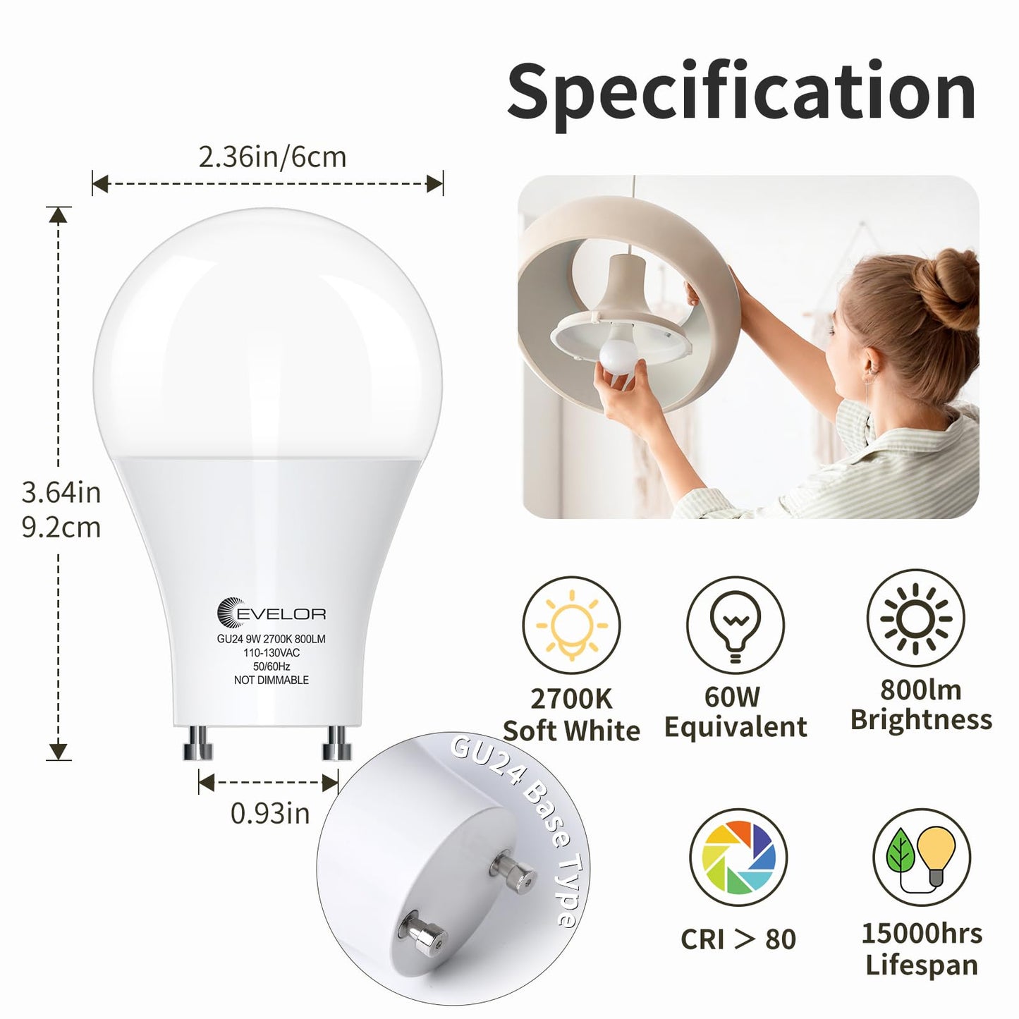evelor GU24 LED Light Bulbs,60 Watt Equivalent,Soft White 2700K,4-Pack