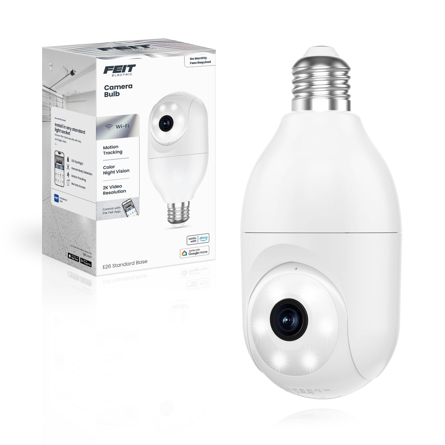 Feit Electric Smart Security Camera Bulb, 2K QHD Resolution, 2-Way Audio, Human Tracking, 350° Pan, Night Vision, Motion Alerts, E26 Base