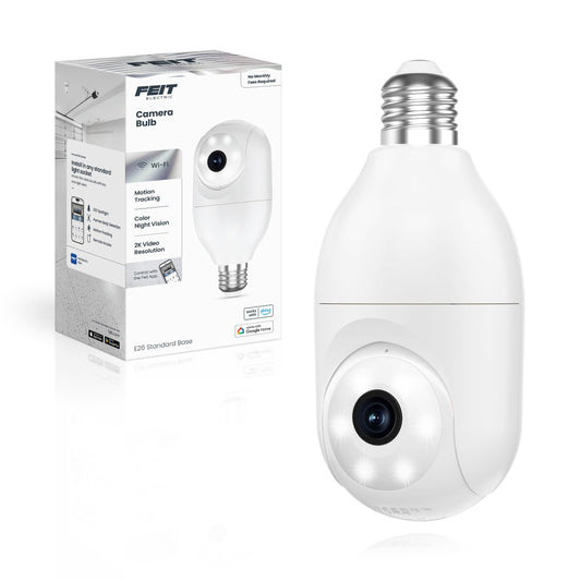Feit Electric Smart Security Camera Bulb, 2K QHD Resolution, 2-Way Audio, Human Tracking, 350° Pan, Night Vision, Motion Alerts, E26 Base