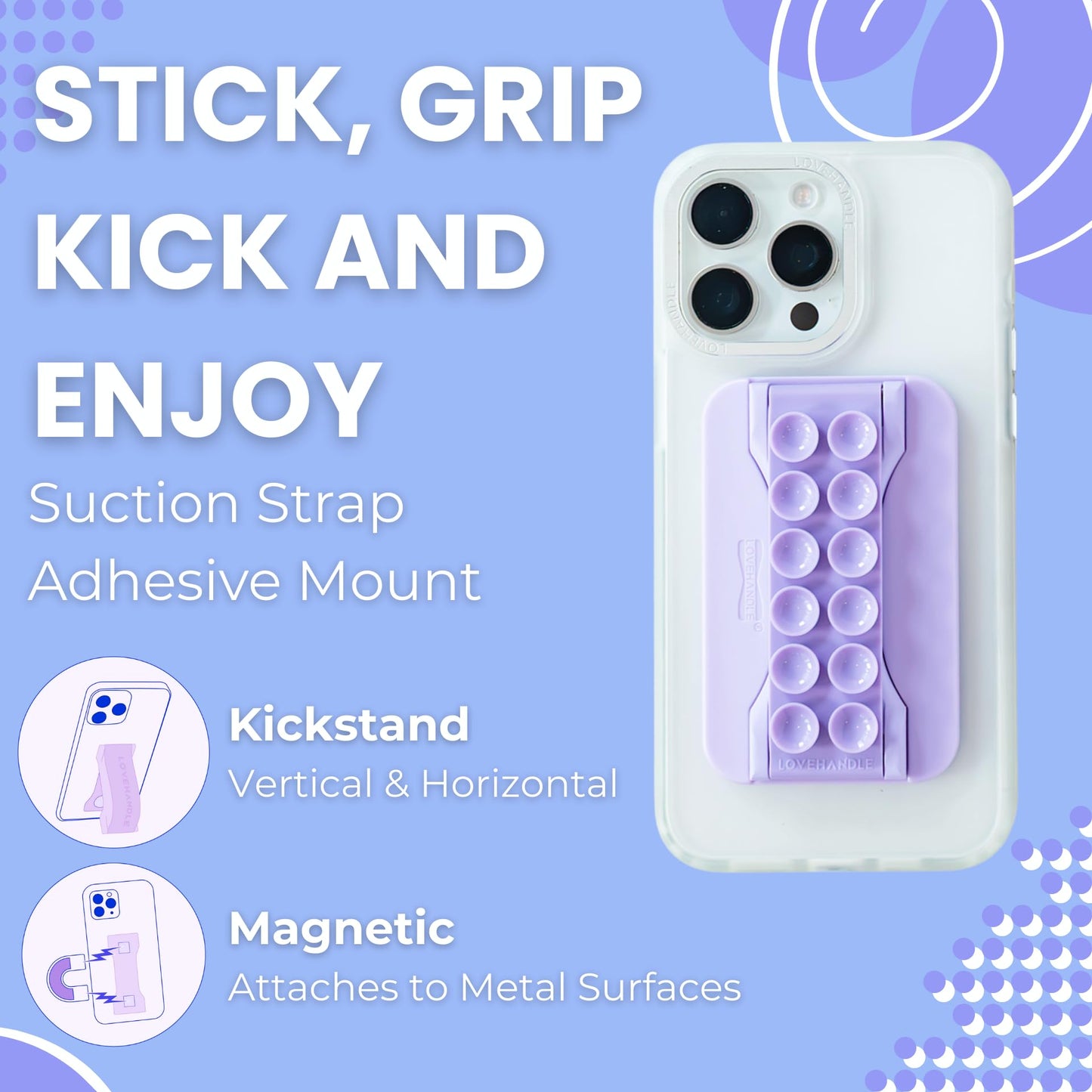 LoveHandle PRO MagSafe Compatible Magnetic Suction Phone Grip w/Kickstand - Mount, Suction Strap and Stand for Smartphone and Tablet - MagSafe Ring