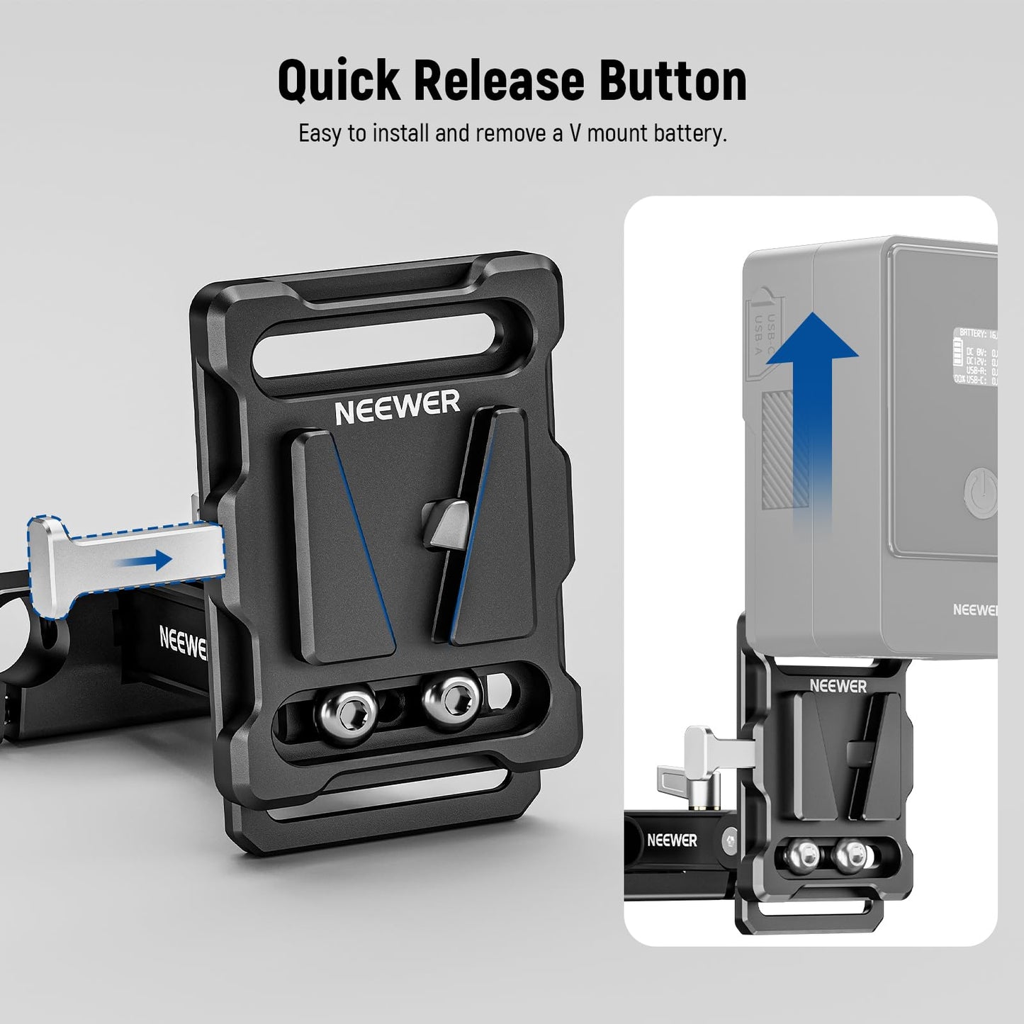 Neewer Mini V Mount Battery Plate with 15mm LWS Rod Clamps, 180° Tilt Foldable L Shaped V Lock Battery Plate with Quick Release Button, Compatible