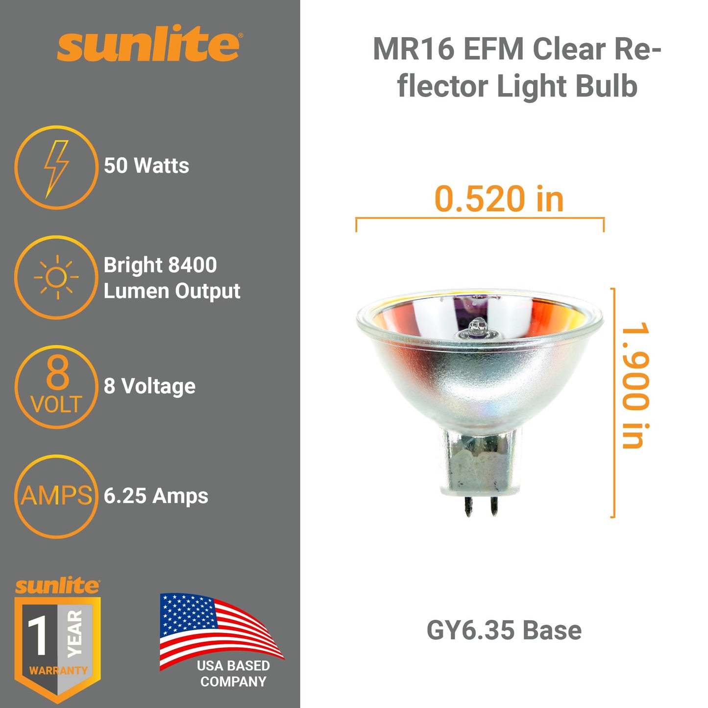 Sunlite MR16 EFM Clear Reflector Light Bulb, 50 Watts, 8V, 2-Pin GX6.35 Base, 99 CRI, 6.25A, 3300K Warm White, Ideal for Home Improvement, Landscape