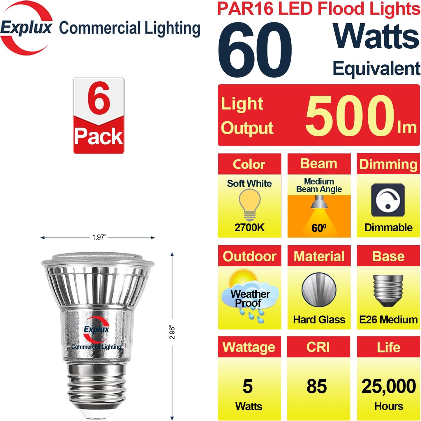 Explux Full Glass PAR16 LED Bulb, 60W Equivalent, Soft White 2700K, 6-Pack