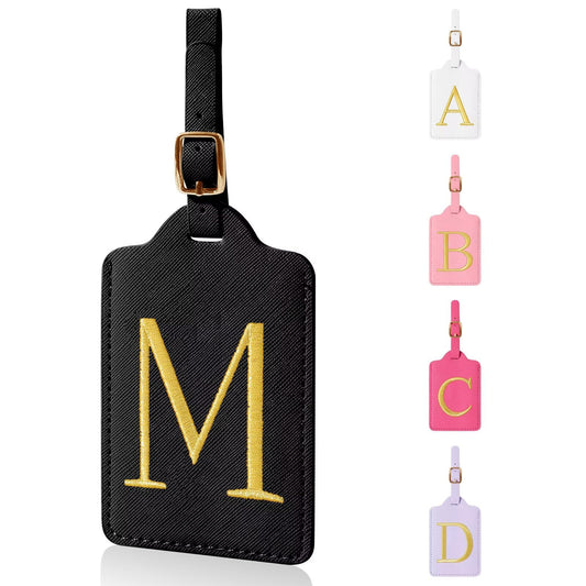 Personalized Initial Luggage Tags – Leather Monogram Suitcase Tags with Privacy Name Card for Travel Bags, Backpacks & Gifts (Black-M)