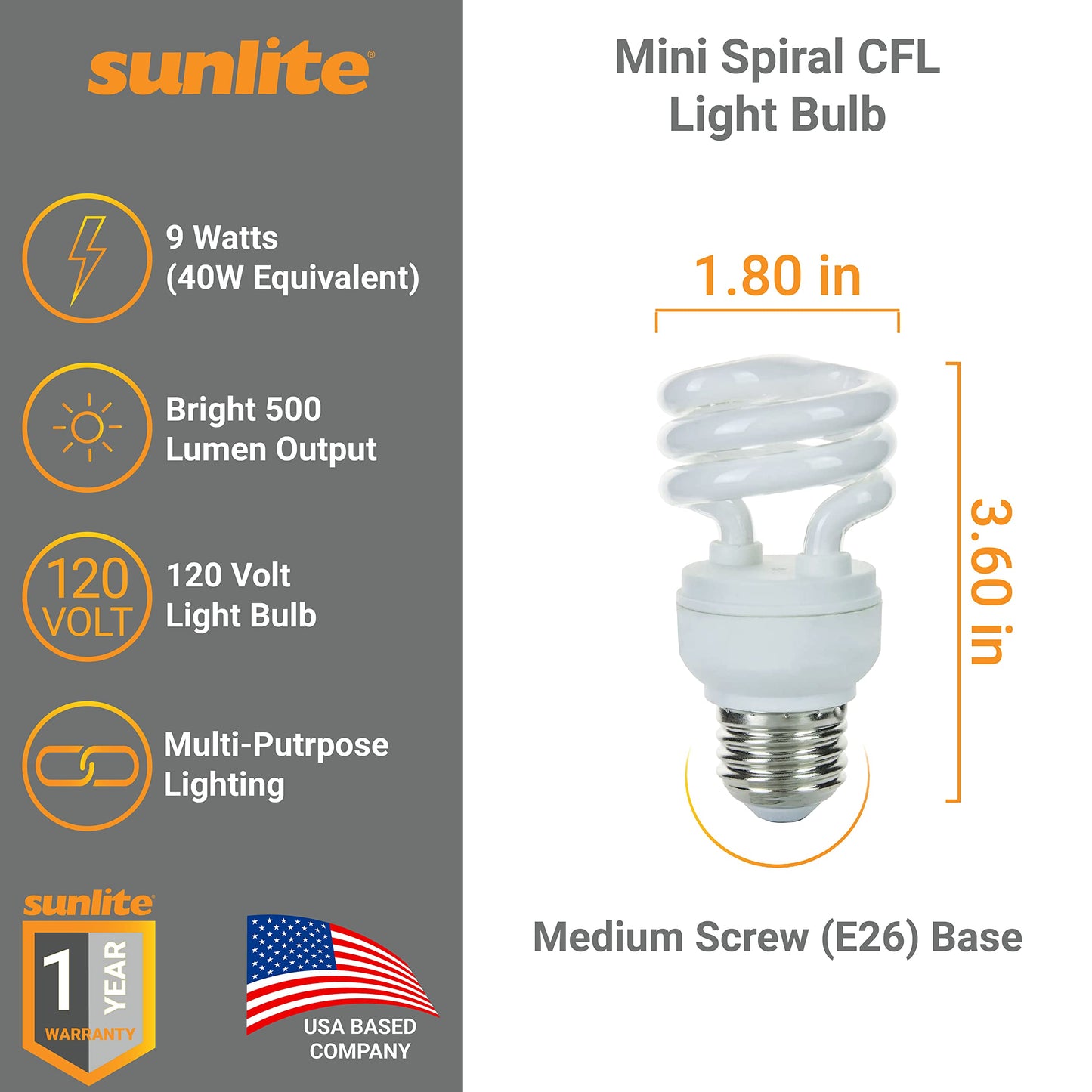Sunlite 00639-SU Mini Spiral CFL Light Bulb, 9 Watts (40W Equivalent), Medium Base (E26), 500 Lumens, 10,000 Hour Life Span, 4100K Cool White 1 Count