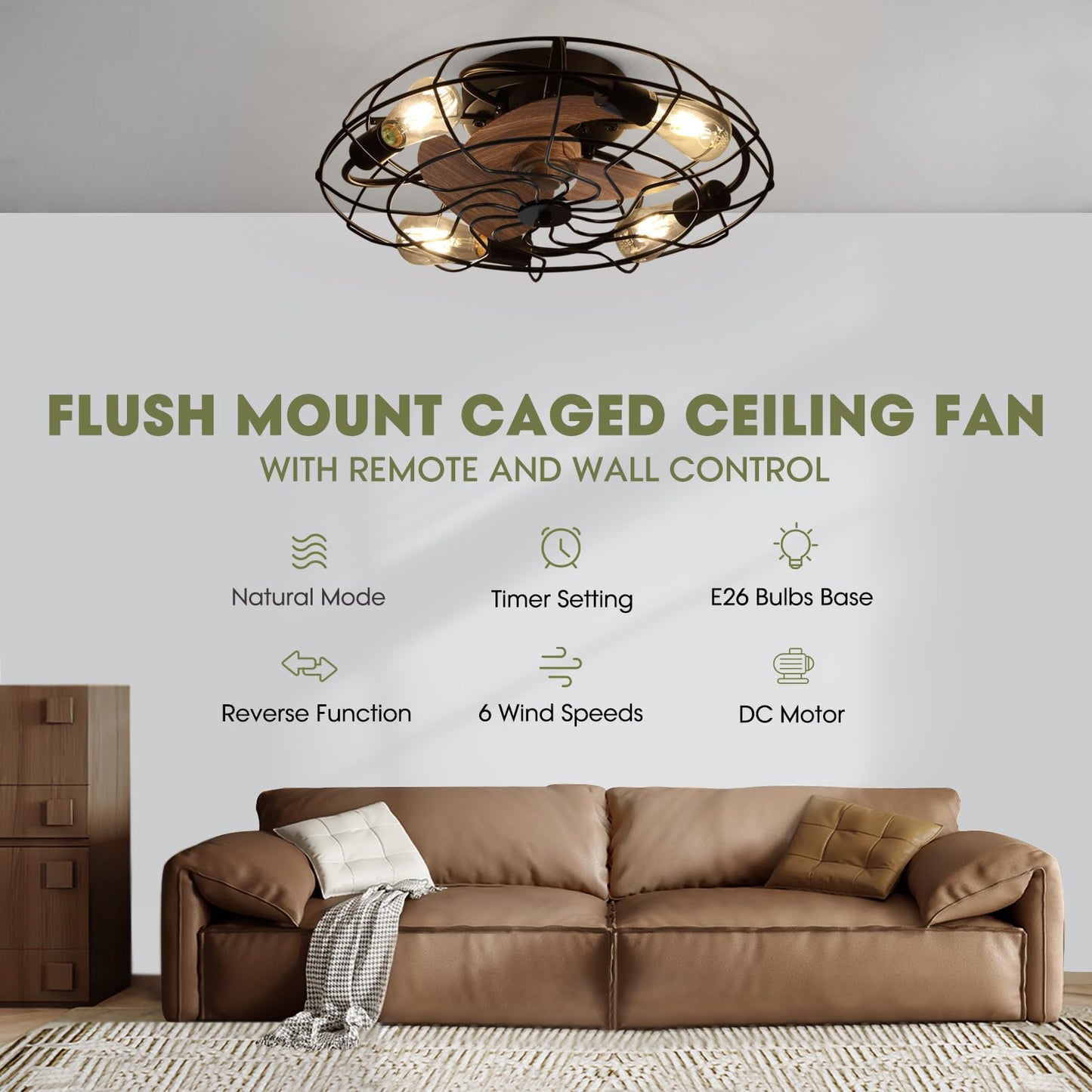 LUDOMIDE Caged Ceiling Fan Light with Remote, 21" Small Flush Ceiling Light with 3 Enclosed Blades and 6 Wind Speeds for Bedroom, Living Room