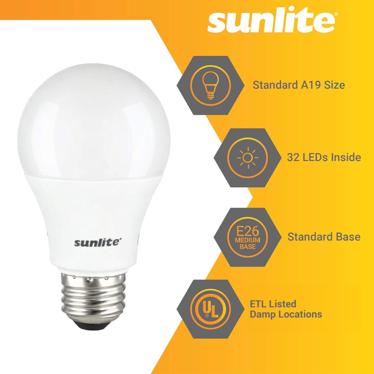 Sunlite LED A19 Light Bulbs, 15 Watts (100W Equivalent), 1500 Lumens, Medium Base (E26), Non-Dimmable, ETL Listed, 3000K - Warm White, 6 Pack
