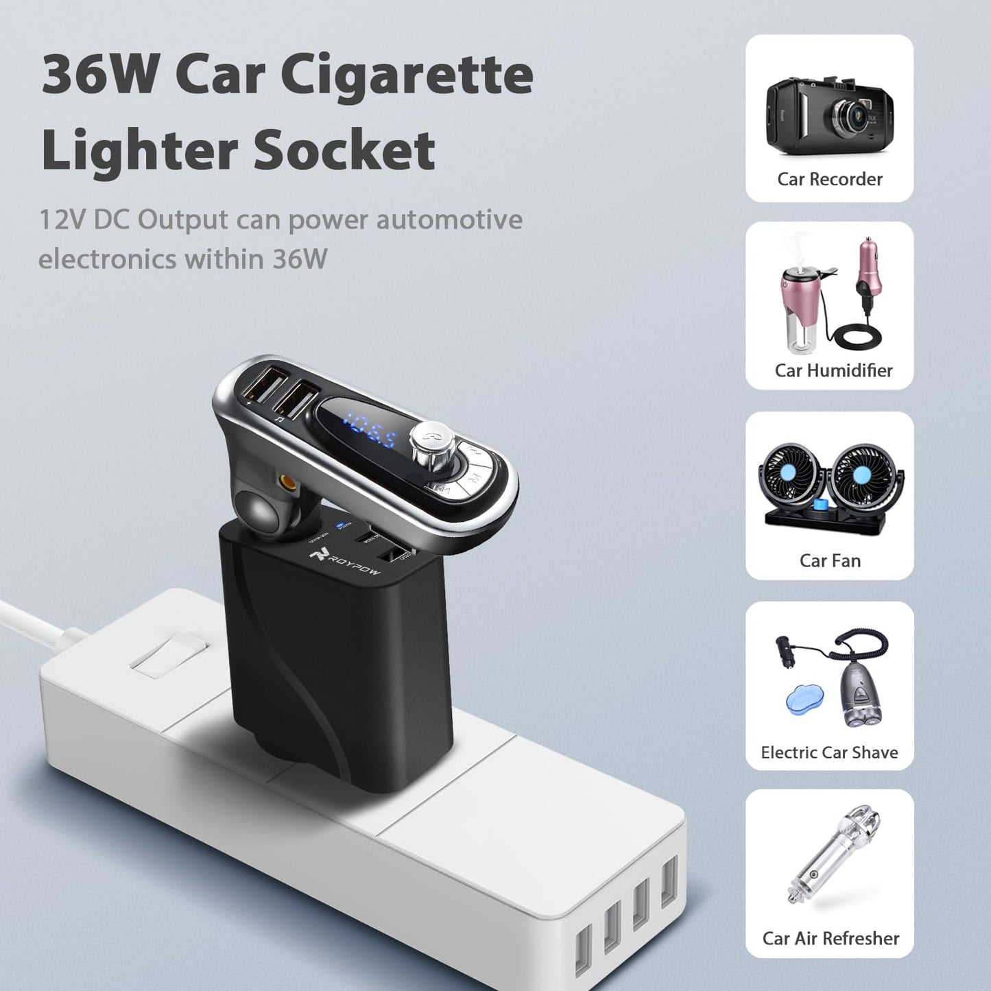RoyPow AC to DC Converter, 110V/120V to12V Converter, 36W USB C Charger with Car Cigarette Lighter Socket, 3-Ports Wall Charger 18W PD3.0 Travel Plug