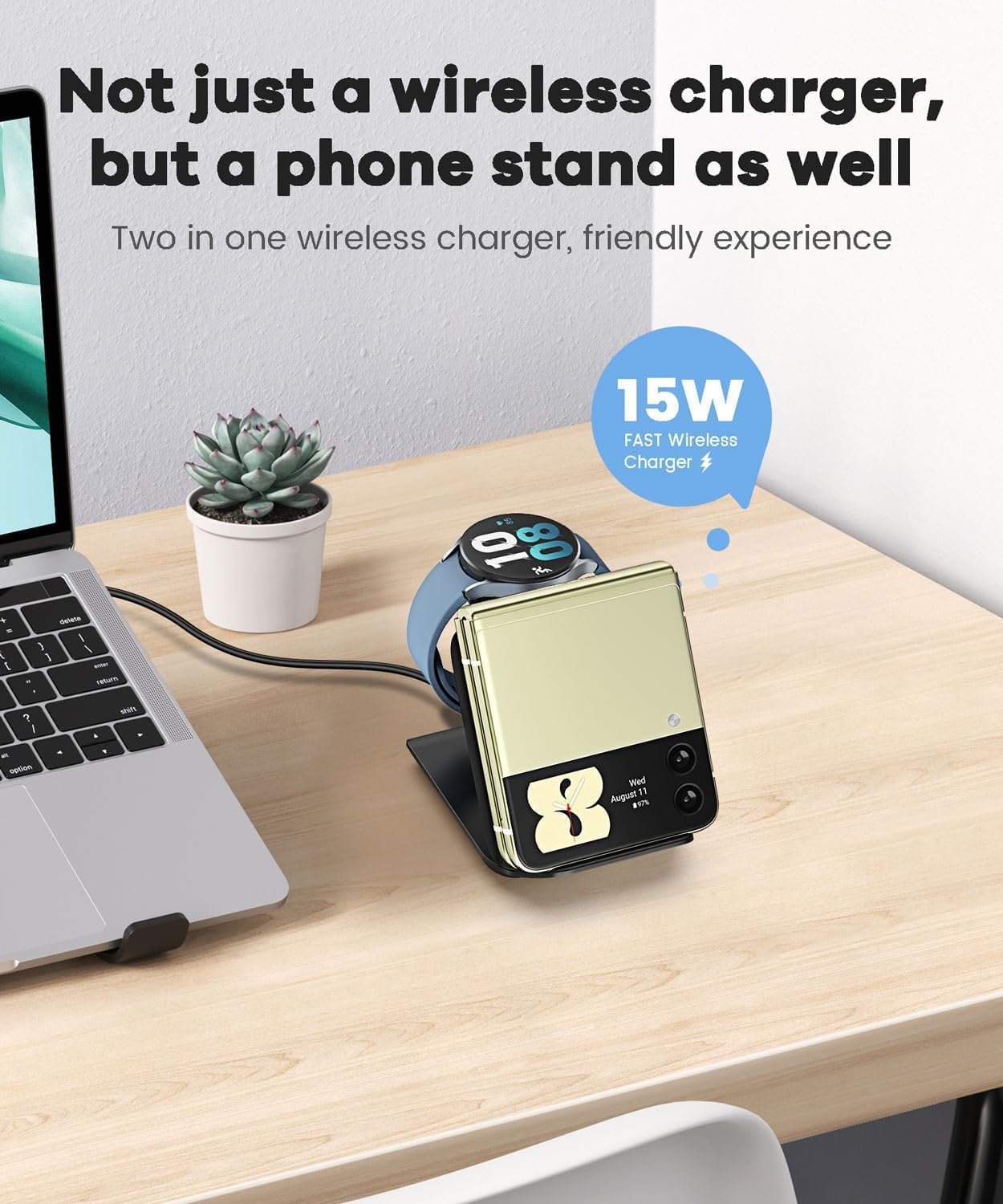 Wireless Charger for Samsung Galaxy z Flip & Watch Combo - 2 in 1 Foldable Wireless Charging Station for Flip 7/6/5/4, Motorola Razr+, Galaxy Watch