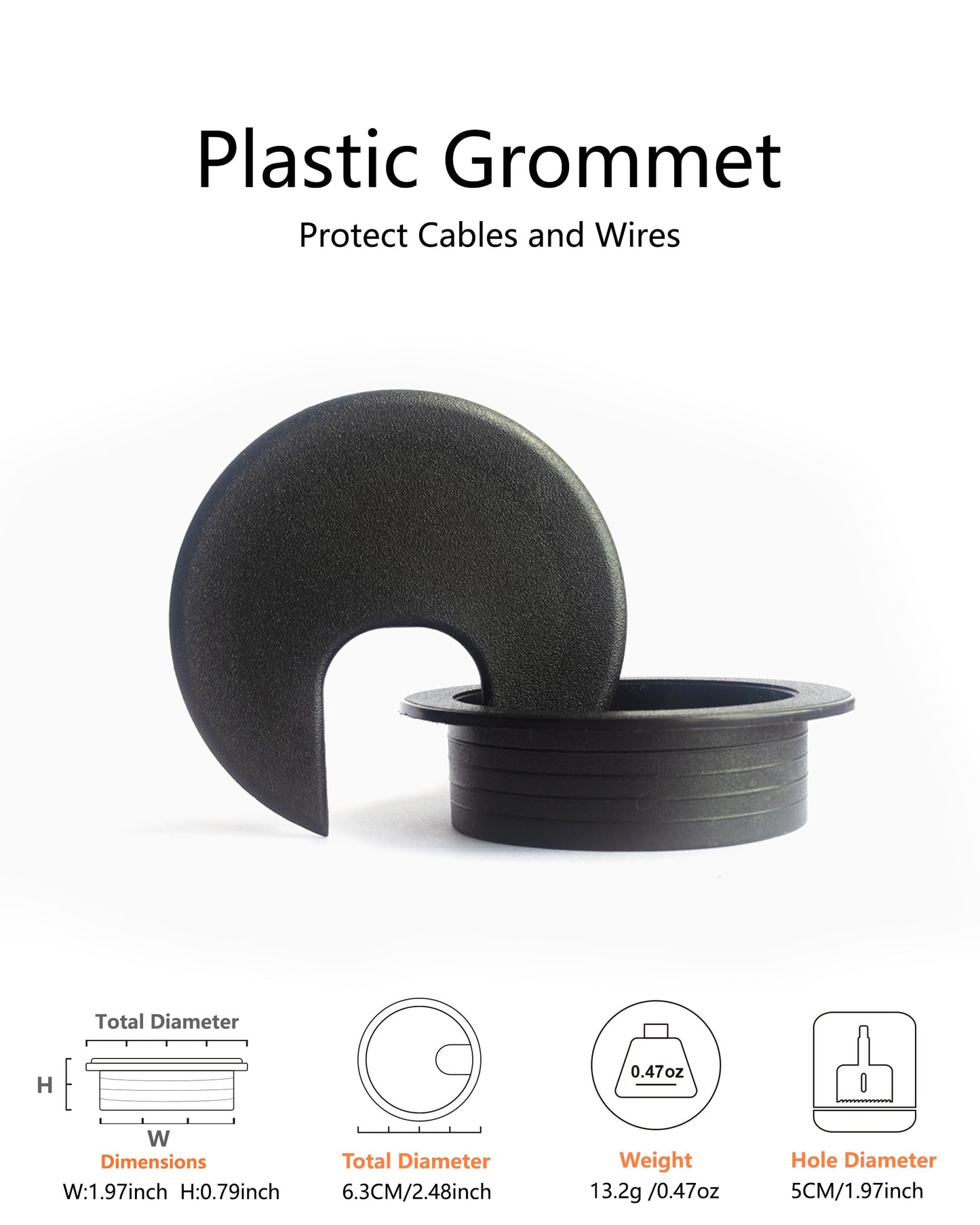 Bicafa 6 Pack Desk Grommet 2 Inch (50 mm) Bi-Metal Hole Saw Kit with Cord Wrap Coiled Tube Management,2 m Cable Sleeve Organizer with Table Hole Cover