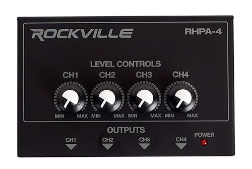 Rockville RHPA4 4-Channel Headphone Amplifier, Stereo/Mono Switch, Dual 1/4" and 3.5mm Outputs per Channel, USB Power, for Studio and Podcast